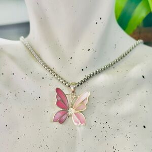 Charming Rose Quartz Pink Butterfly Pendant Necklace almost 9 inches long.